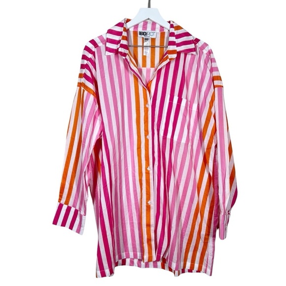 BEACH RIOT Alexa Sunset Stripes Womens Petite Large Button Down Cover Up Shirt - Picture 1 of 10